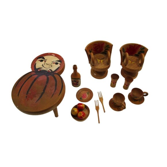 VintageJapanese Handcrafted Miniature Wood Dollhouse Furniture Daruma Floral